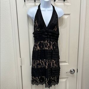 BCBGMaxAzria Black Halter Babydoll Mini Dress Size 6  Floral Lace Silky Ruffle